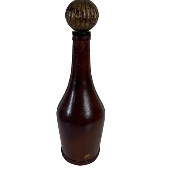 Decorative Leather Wrapped Bottle Decanter Brown Ornate Crest Vintage Home Decor - Picture 2 of 16